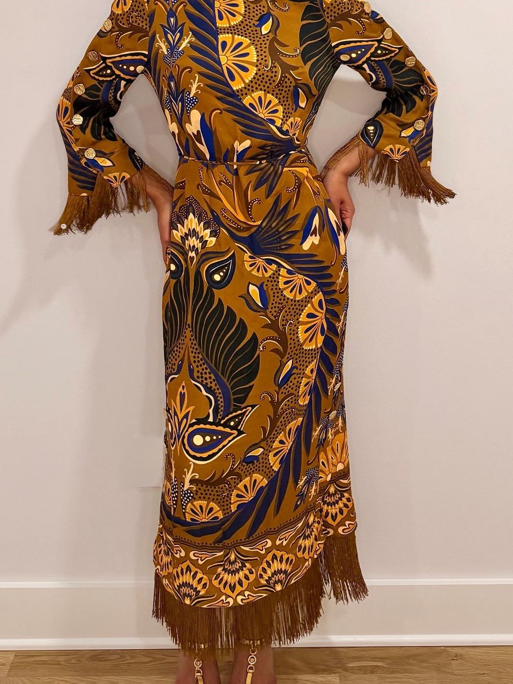 FARM Rio Mustard Floral Fringe Long Sleeve Midi Dress with Navy Accents